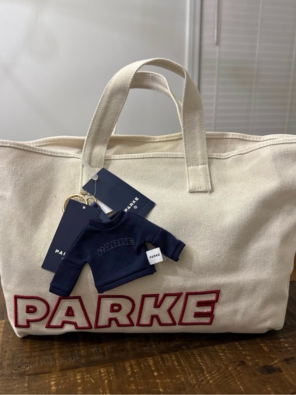 Parke x Target Large Cream Canvas Tote with Navy Sweatshirt Keychain NWT
